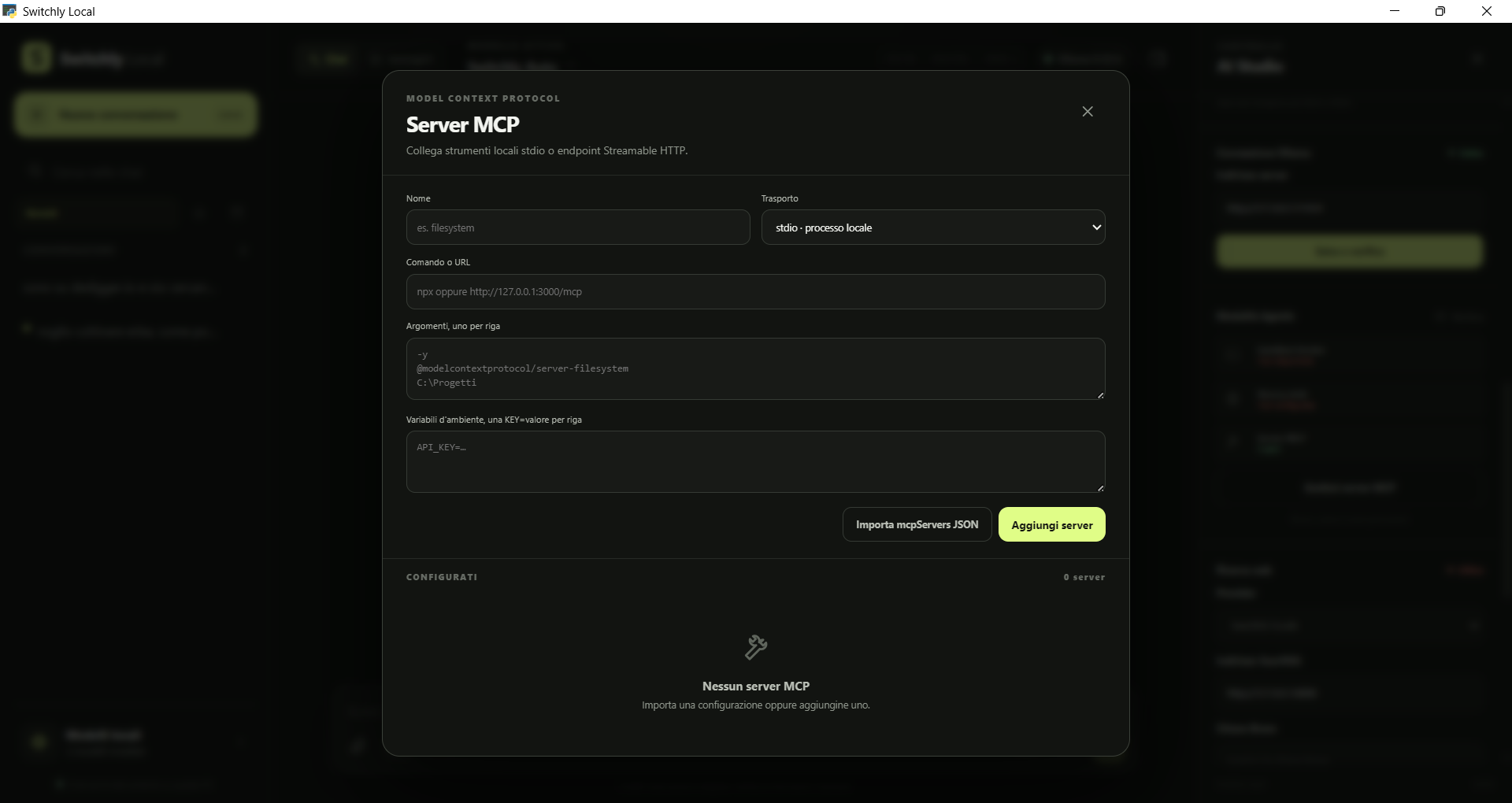 Finestra di configurazione di un server MCP in Switchly Local